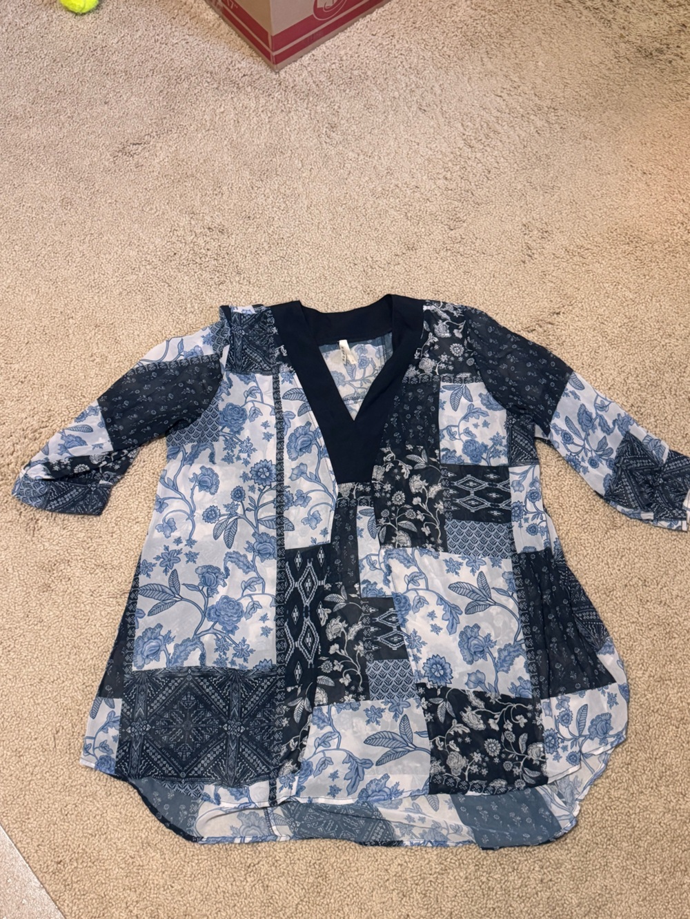 Roper Blue Patchwork Floral V-Neck Blouse